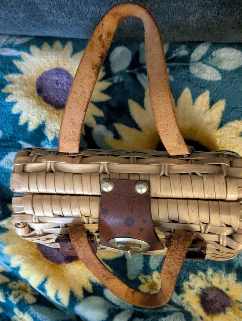 Vintage Woven Mini Basket Top-Handle Real Leather Mini with Brown Leather Trim - Picture 3 of 4